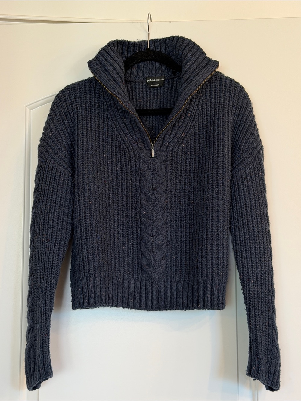 Prana Navy Ribbed variegated Half-Zip Cable Knit Sweater wool/silk blend, size M